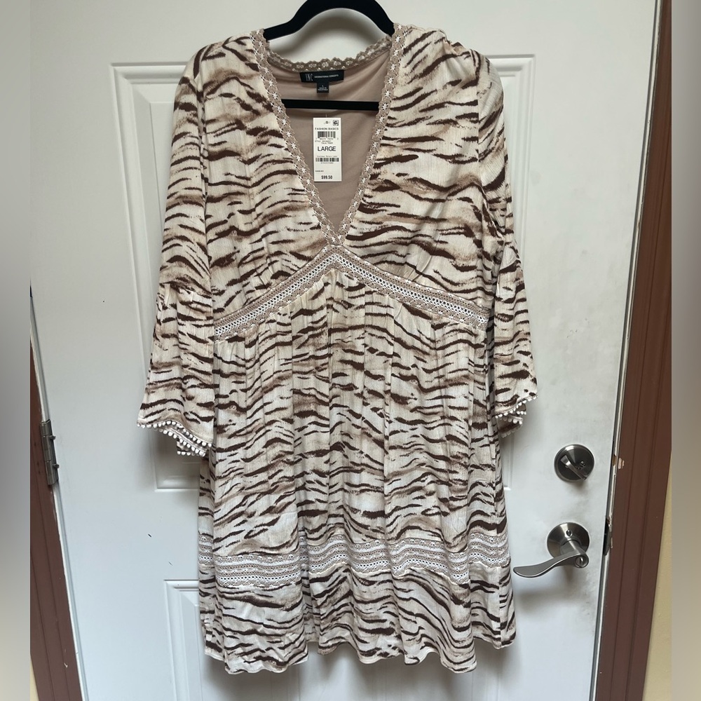 Boho / Bohemian Brown and Cream Neutral Animal Print Tunic Dress Casual Chic